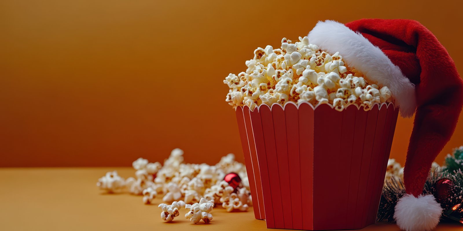 Enjoying festive popcorn in a holiday-themed setting with a red cap and scattered treats
